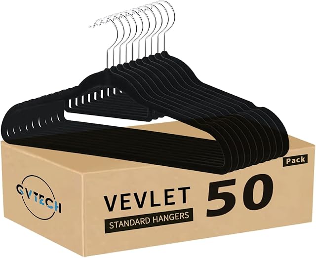 GVTECH Premium Velvet Hangers, [50 Pack] Non Slip and Heavy Duty Velvet Suit Hangers (45cm) with Tie Bar, 360° Swivel Hooks, Sturdy to hold Jumper, Pullovers, Jackets & Hoodies (Black)