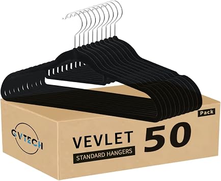 GVTECH Premium Velvet Hangers, [50 Pack] Non Slip and Heavy Duty Velvet Suit Hangers 45cm with Tie Bar, 360 Swivel Hooks, Sturdy to Hold Jumper, Pullovers, Jackets & Hoodies 50 Pack, Black