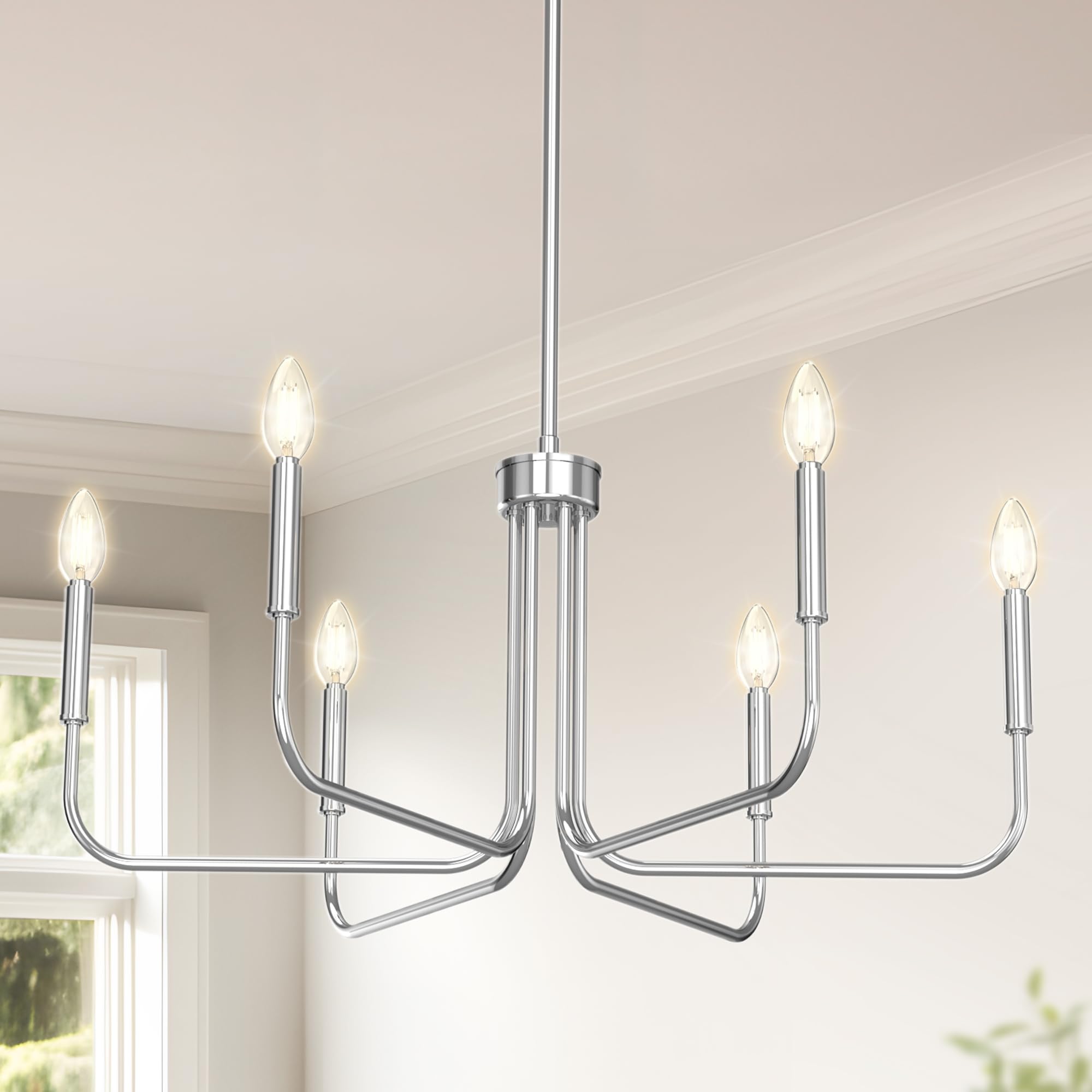 DORESshop Modern Chandelier for Dining Room, 6-Light 28" Chrome Farmhouse Chandelier for Dining Room, Dining Light Fixtures Over Table for Bedroom