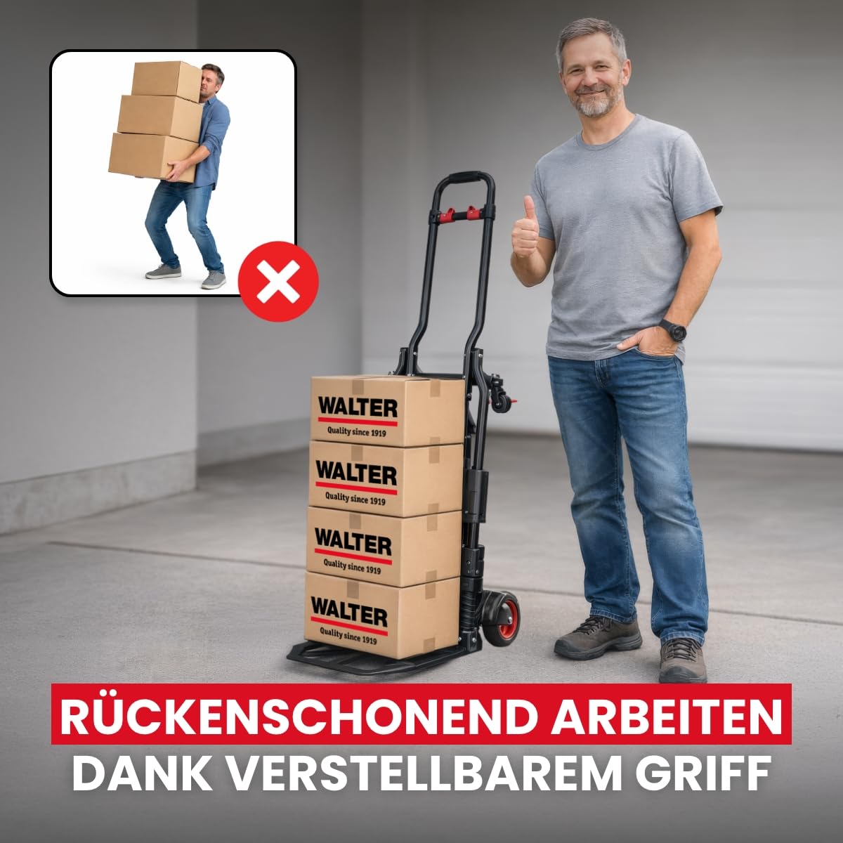 WALTER 2-in-1 Transportwagen & Transportkarre – 150 kg Tragkraft, ausziehbarer Griff, Feststellbremse, elastische Fixierbänder, klappbar