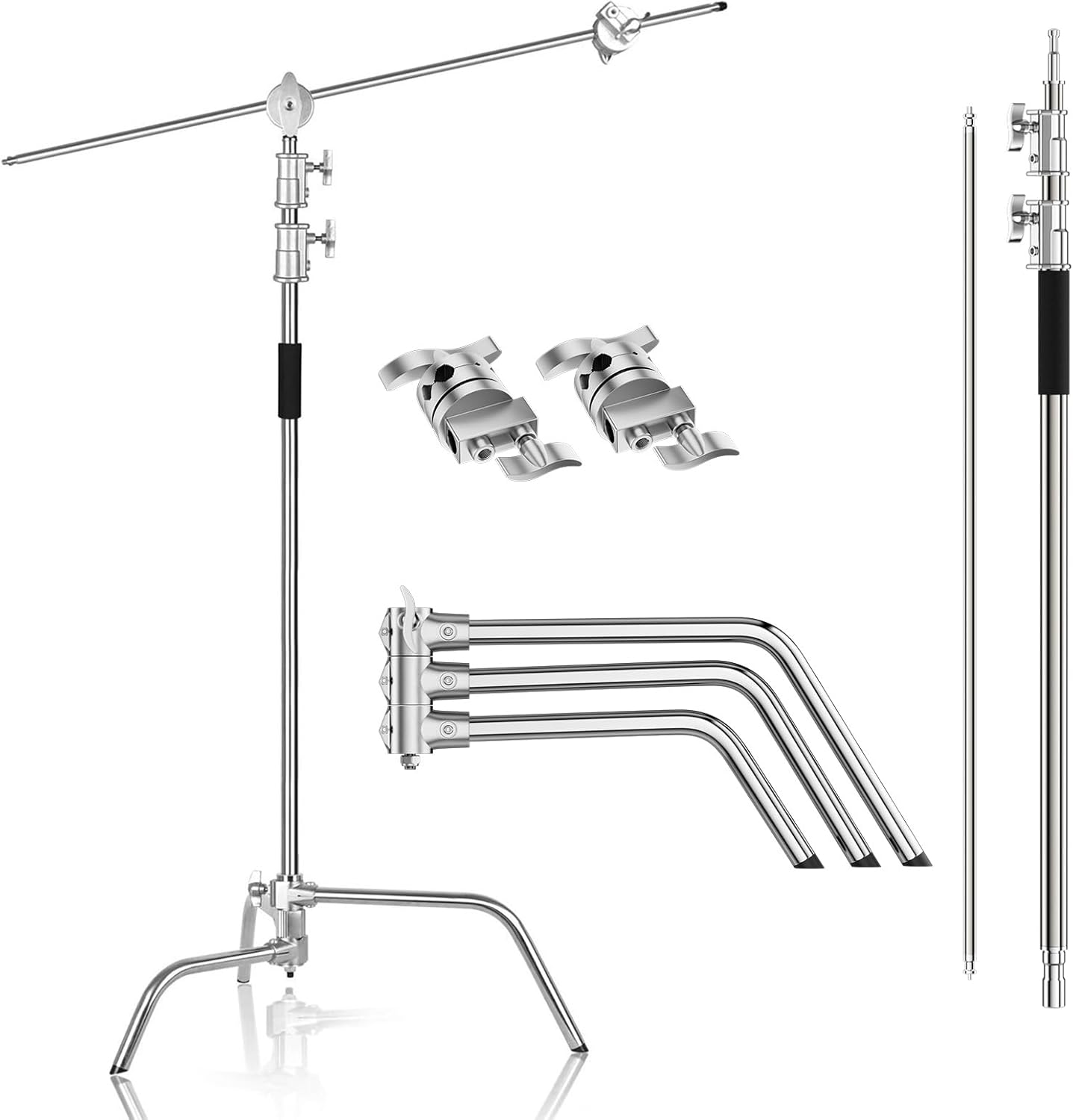 EMART 10ft/300cm Photography Heavy Duty C Stand with 4.2ft/128cm Holding Boom Arm and 2 Pieces Grip Head? Adjustable Stainless Steel Tripod for Video, Moonlight, Parabolic Softbox 300CM Silvery