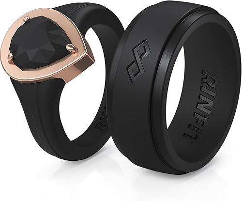 Rinfit Anillos de silicona a juego para parejas, alianzas de boda para él y ella, esmeralda, pera de gran tamaño, pera de metal y diseño patentado