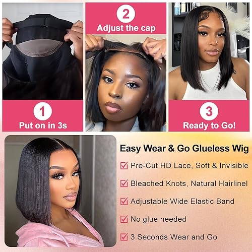 Miniatura 5 de EAGERA - Pelucas Bob sin pegamento de cabello humano pre cortadas y pre depiladas de 18 pulgadas 9x6 con cierre de encaje HD, pelucas Bob cortas sin