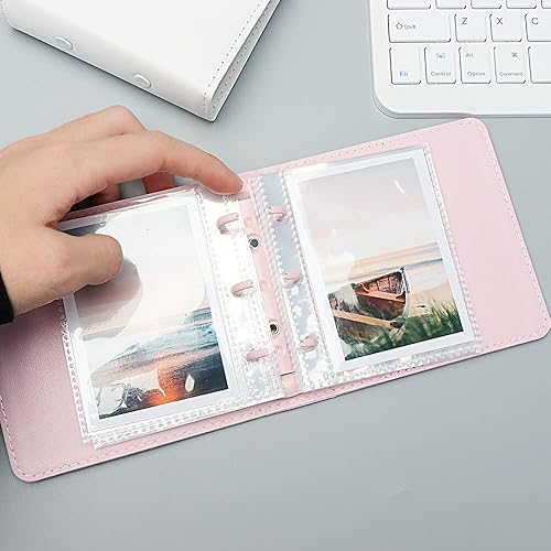 Miniatura 4 de Mini álbum de fotos, soporte para tarjetas fotográficas rosas, tarjetas fotográficas Kpop de piel sintética de 3 anillos, álbum de películas de
