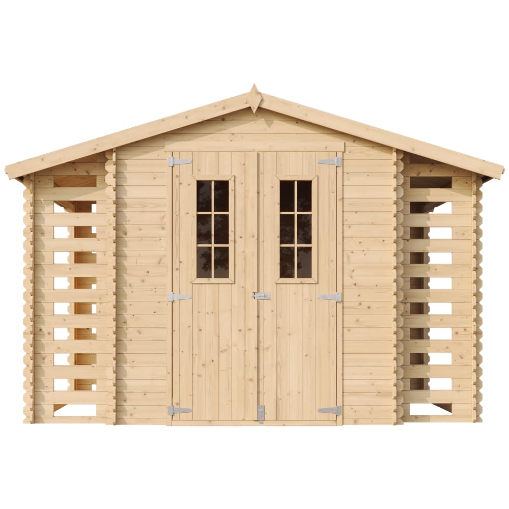 Holzhaus Gartenhaus mit Brennholzschuppen TIMBELA M391C - Gartenschuppen Holz B328xL206xH218 cm/ 3,53 + 0,97 + 0,97 m2 Lagerschuppen für Garten - Fahrrad Schuppen - Wasserfestes Dach