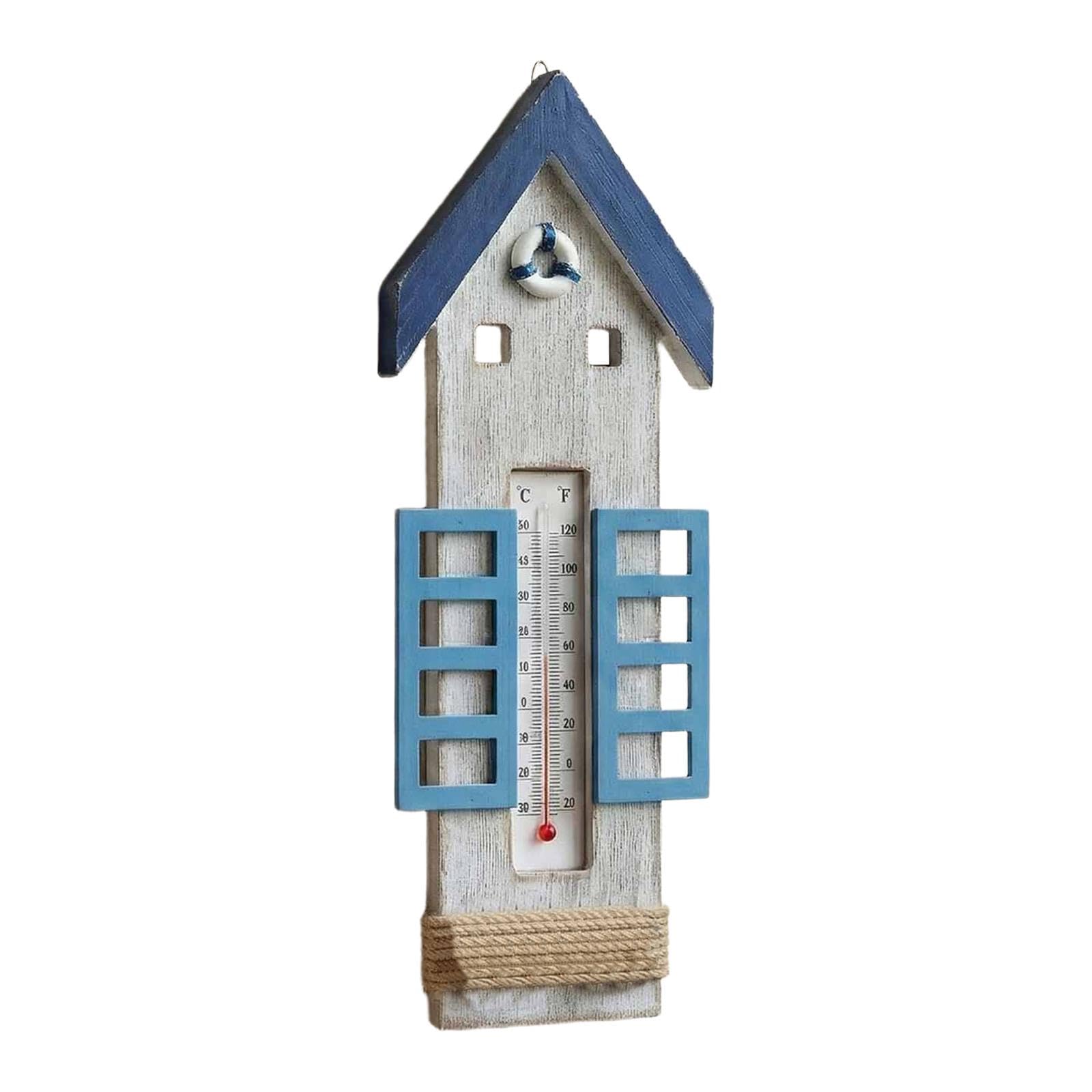 RoaQinFo Wooden Wall Thermometer, Nautical Theme, Decorative Wall Sculpture, Original Indoor/Outdoor Temperature Gauge, Hanging Ornament for Bedroom, Multi, House 30x10cm