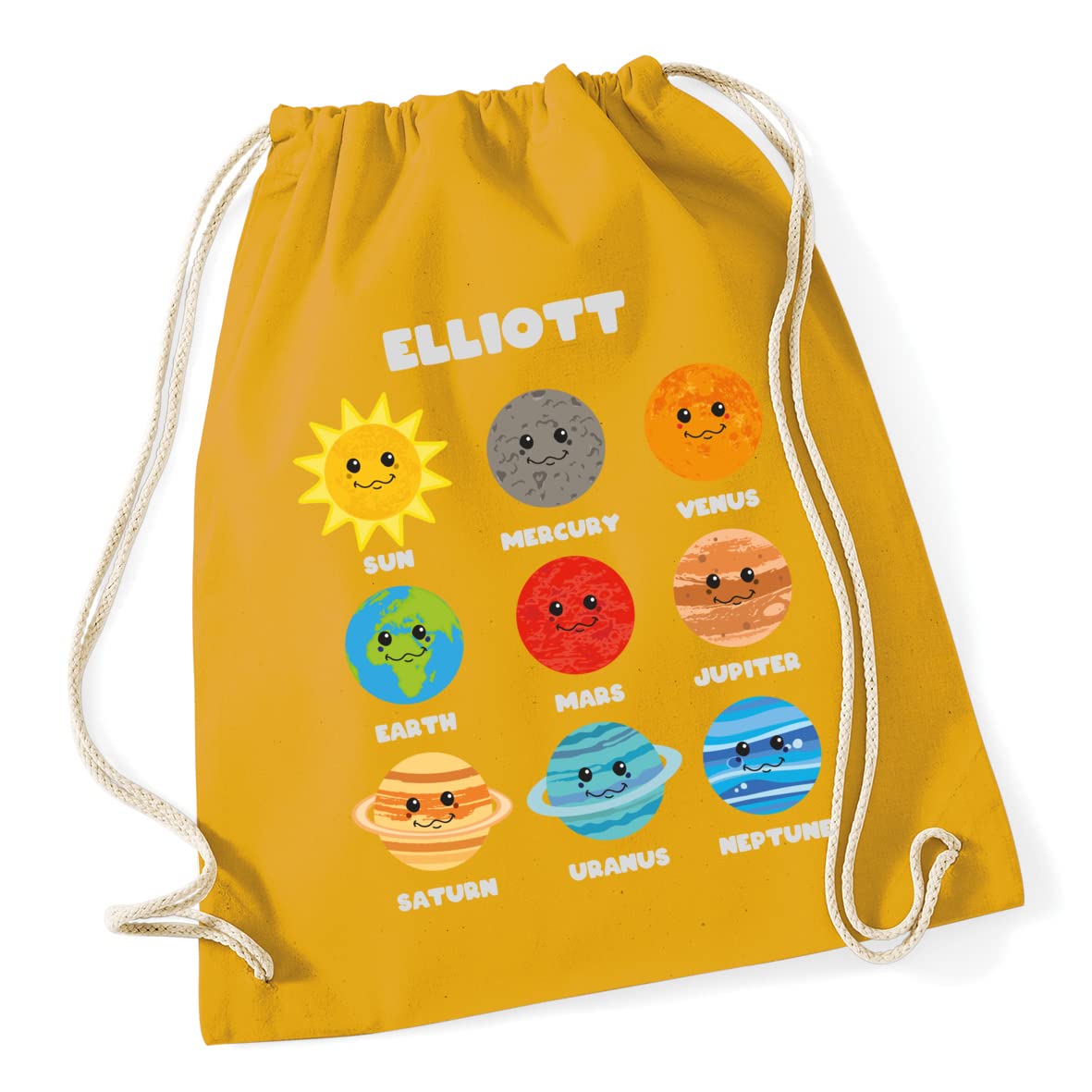 Hippowarehouse Personalised Cute space planets Drawstring Cotton School Gym Bag 37cm x 46cm, 12 litres