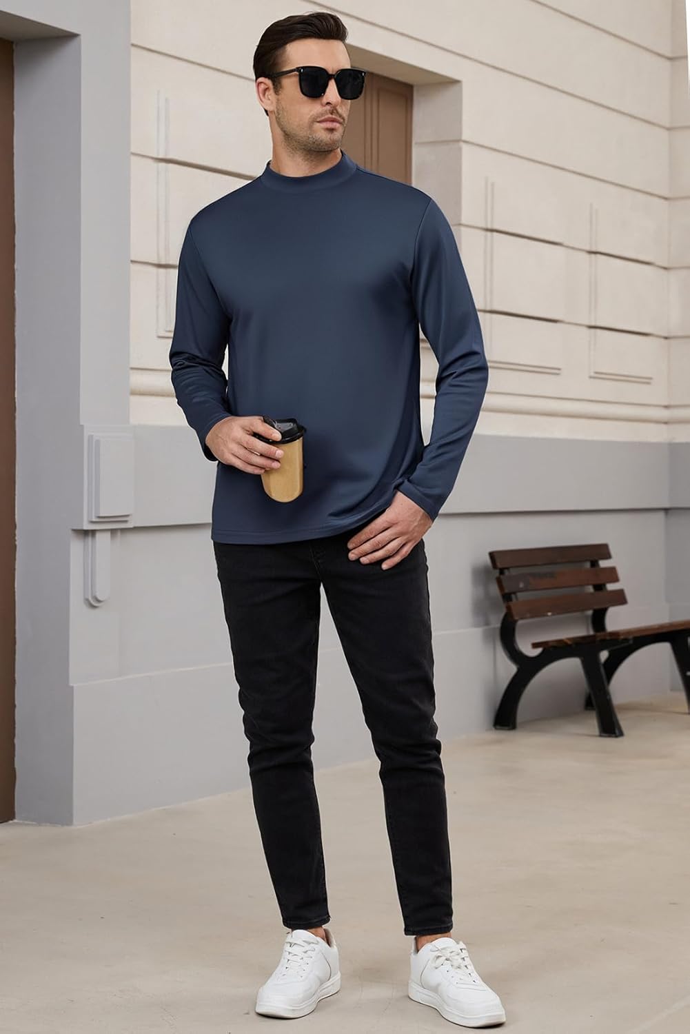 Men's Casual Cotton Mock Turtleneck Long Sleeve T-Shirts Solid Pullover Basic Lightweight Tee Tops - Image 4