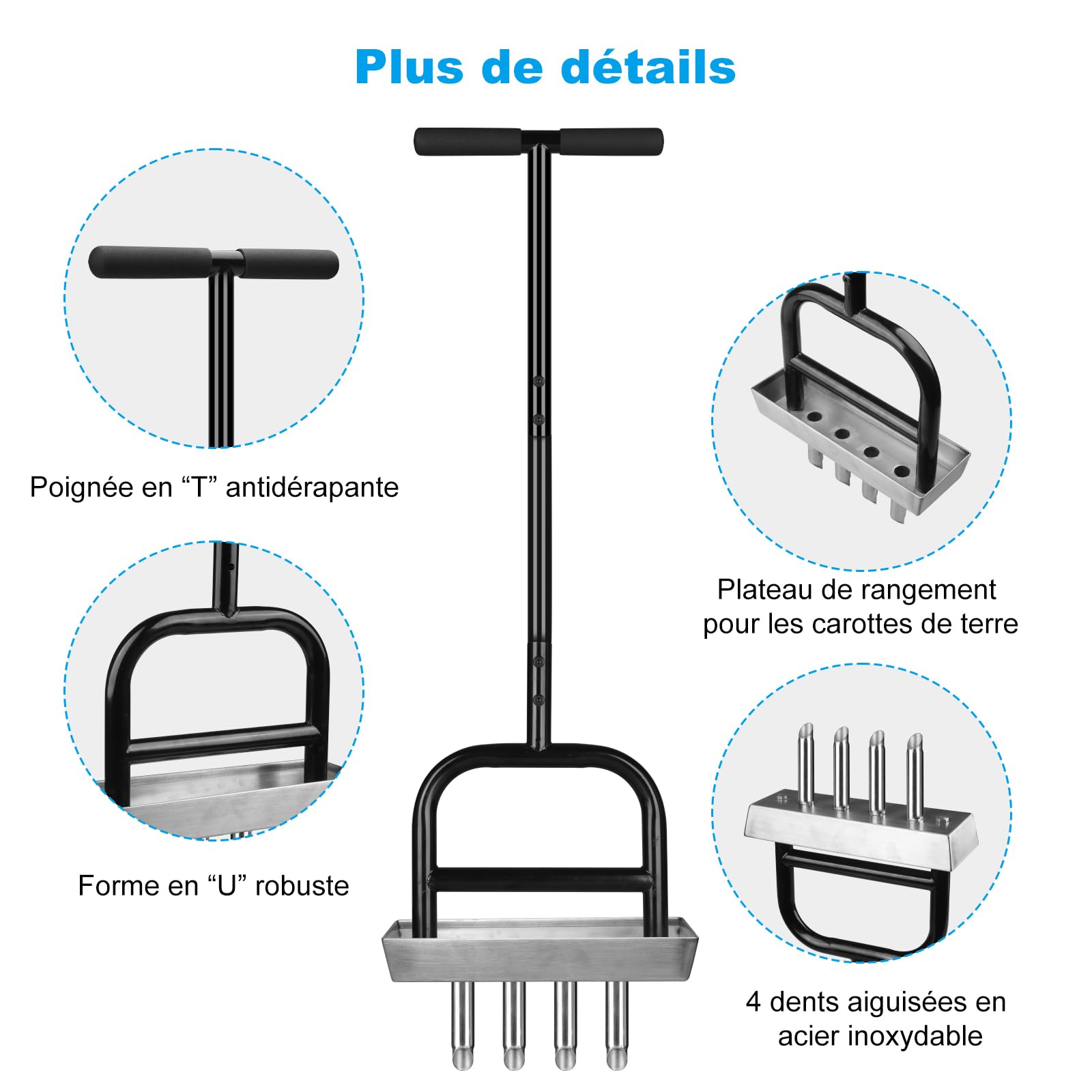 Aérateur de pelouse à 4 trous avec plaque de rangement - Acier au carbone revêtu par pulvérisation + aiguilles creuses en acier inoxydable - Effet levier - Ameublement du sol pour le jardin et