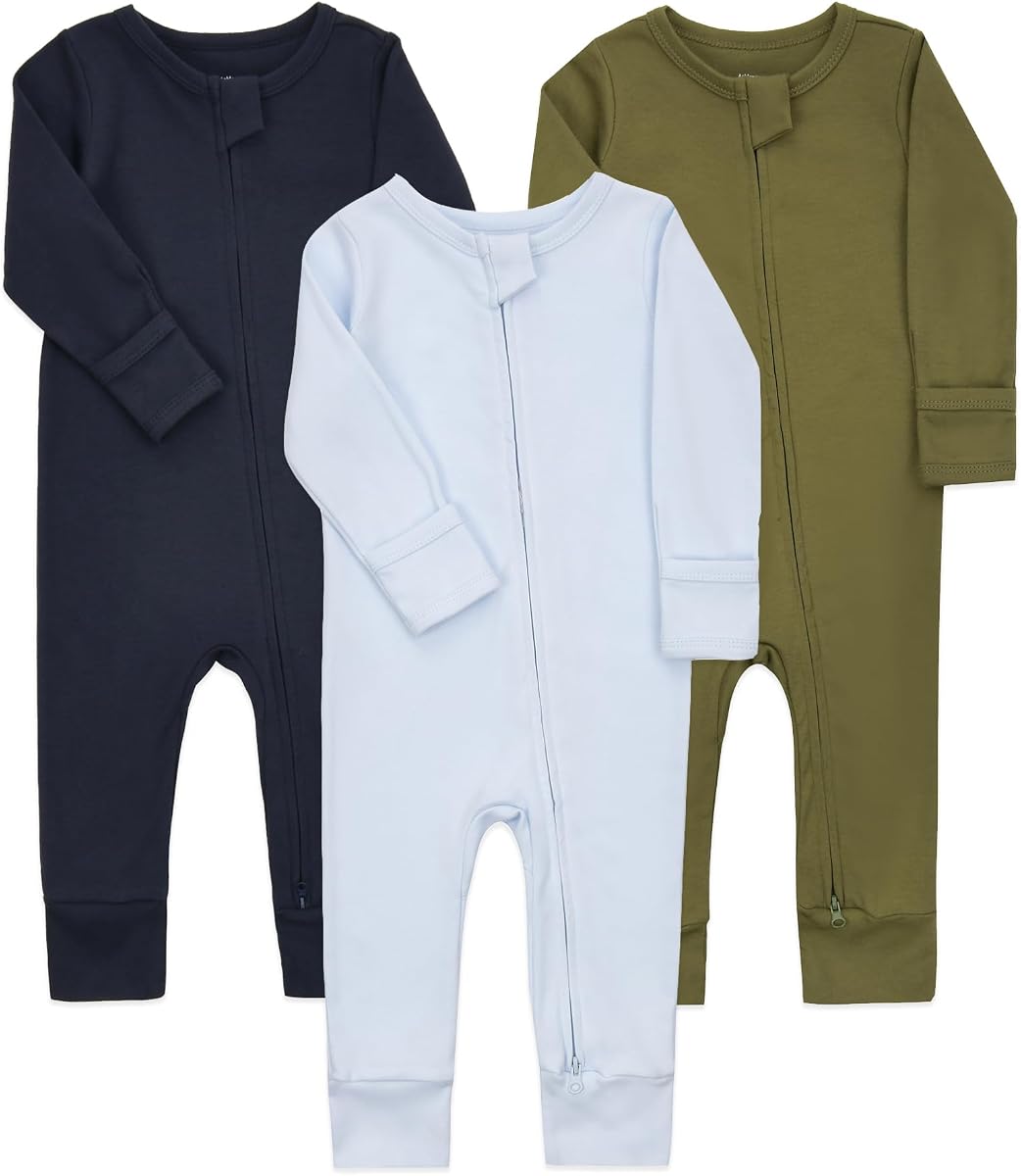 Aablexema Baby Cotton Footless Pajamas with Mitten for Newborn - 18 Months | 3-pack Infant Romper Long Sleeve 2-way Zipper One Piece Jumpsuits Outfit for Girls Boys