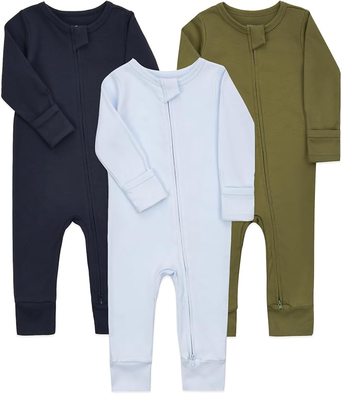Aablexema Baby Cotton Footless Pajamas with Mitten for Newborn - 18 Months | 3-pack Infant Romper Long Sleeve 2-way Zipper One Piece Jumpsuits Outfit for Girls Boys