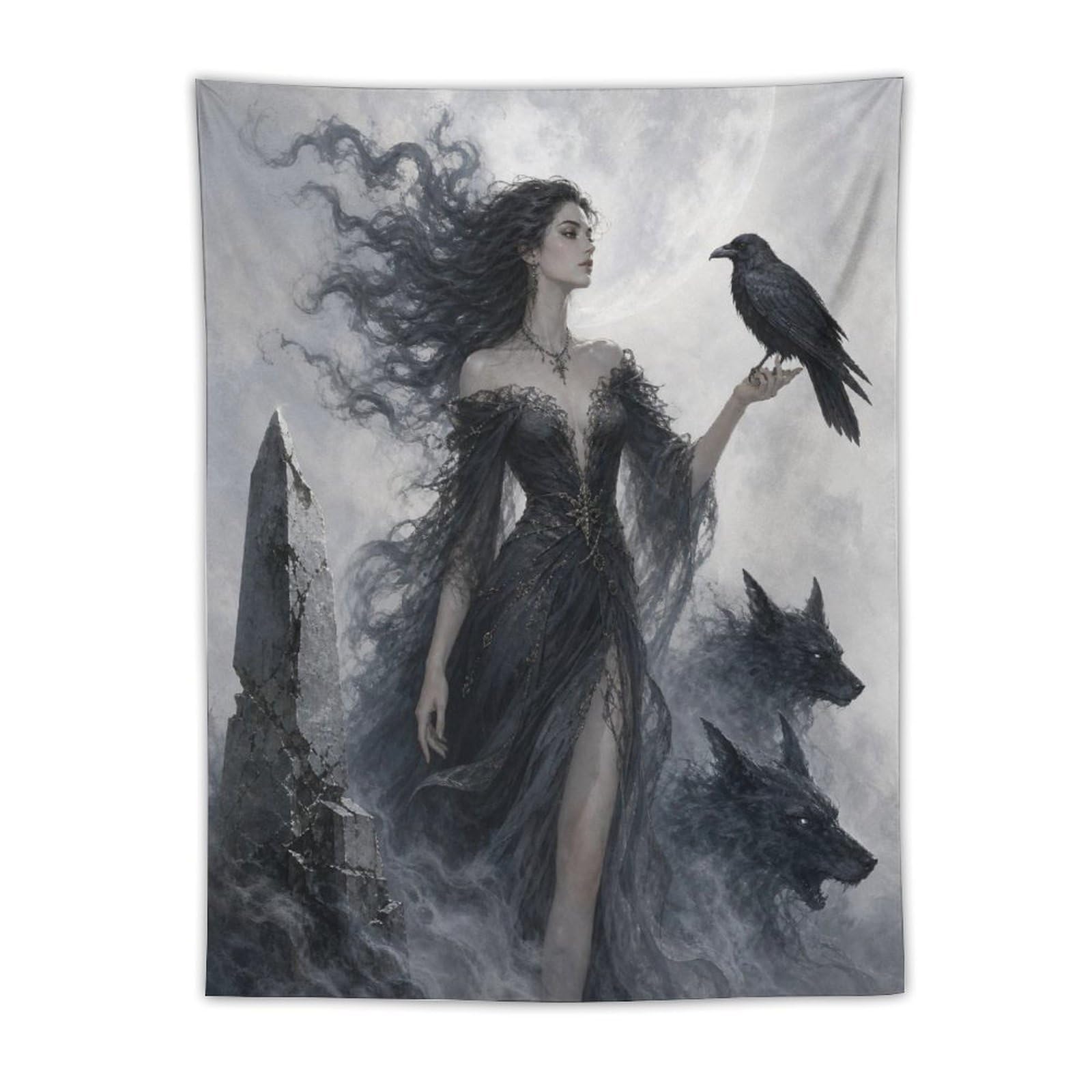 H3B8U2Y5 Raven Witch with Black Dress Wall Tapestry, Gothic Art