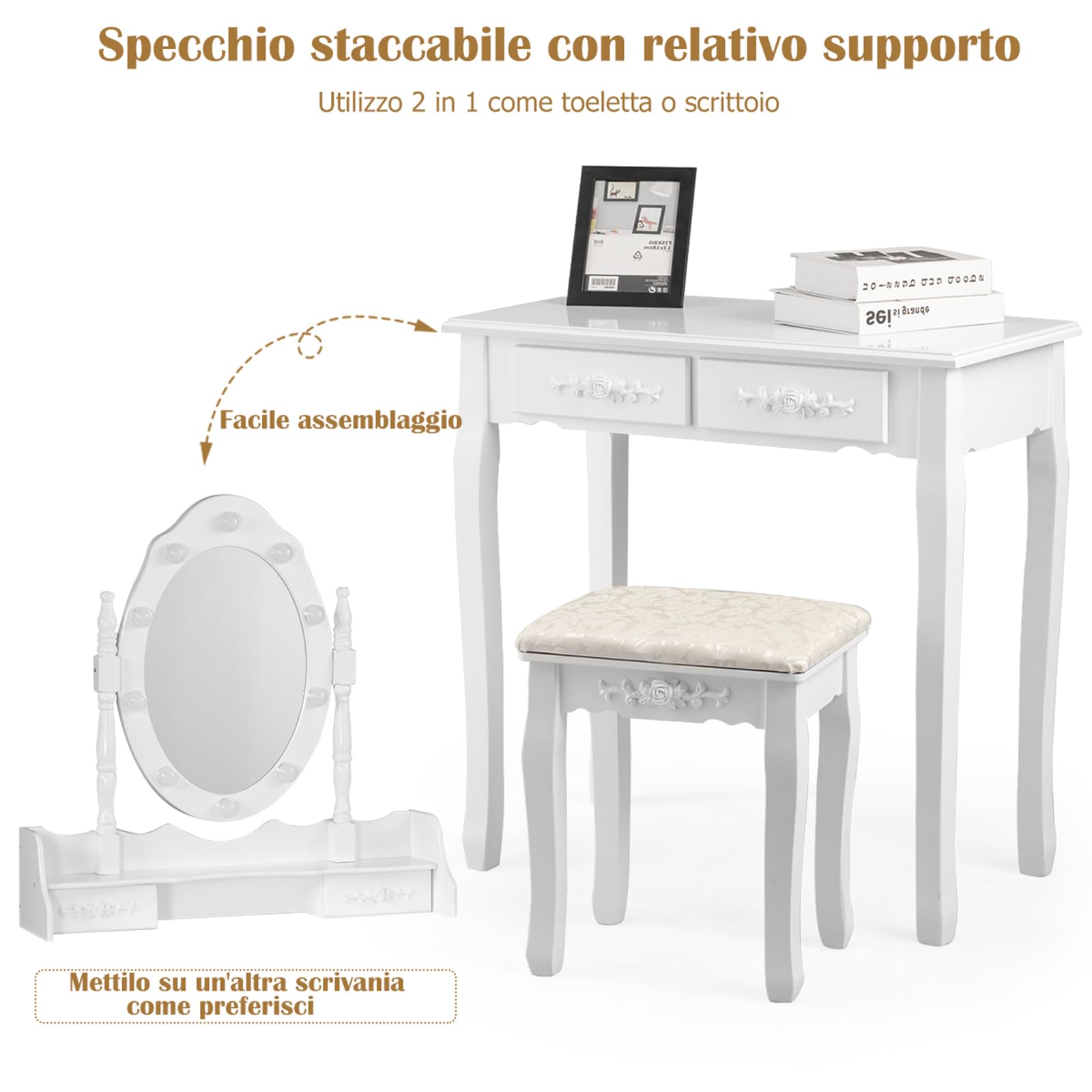 COSTWAY Toeletta Trucco con Specchio Girevole, 10 Luci LED, Luminosità Regolabile, Postazione Trucco con Sgabello e 4 Cassetti, Tavolo da Trucco Scrivania Camera da Letto, 146x75x40cm (Bianco)