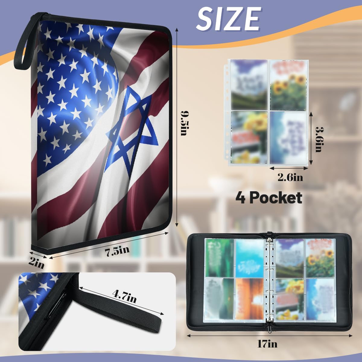 Raccoglitore per carte collezionabili con 4 tasche per il 4 luglio, con bandiera americana, album per carte con motivo bandiera nazionale, con maniche rimovibili, impermeabile, con cerniera, 50 pagine