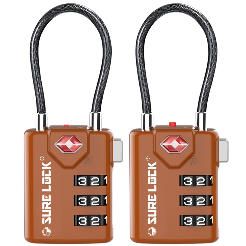 SURE LOCK TSA Approved Combination Luggage Locks with Open Alert Indicator – Durable Zinc Alloy Cable Travel Locks with Large Easy-Read Dials for