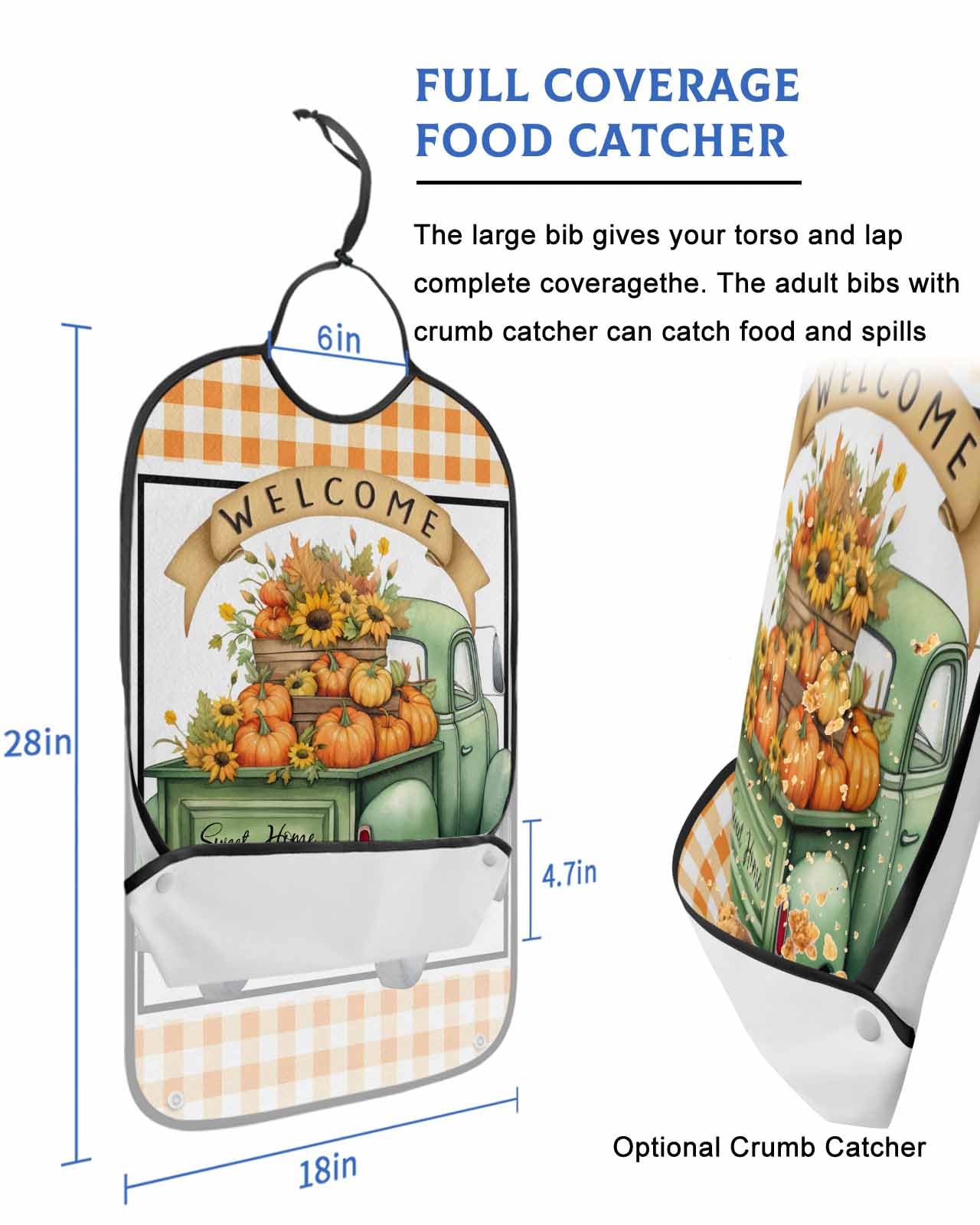 Fall Green Truck Pumpkin Adult Bib for Adults Men,Women,Thanksgiving Buffalo Plaid Orange Washable & Adjustable Terry Cloth Bib with Crumb Catcher Reusable Waterproof Clothing Clothes Protector Apron