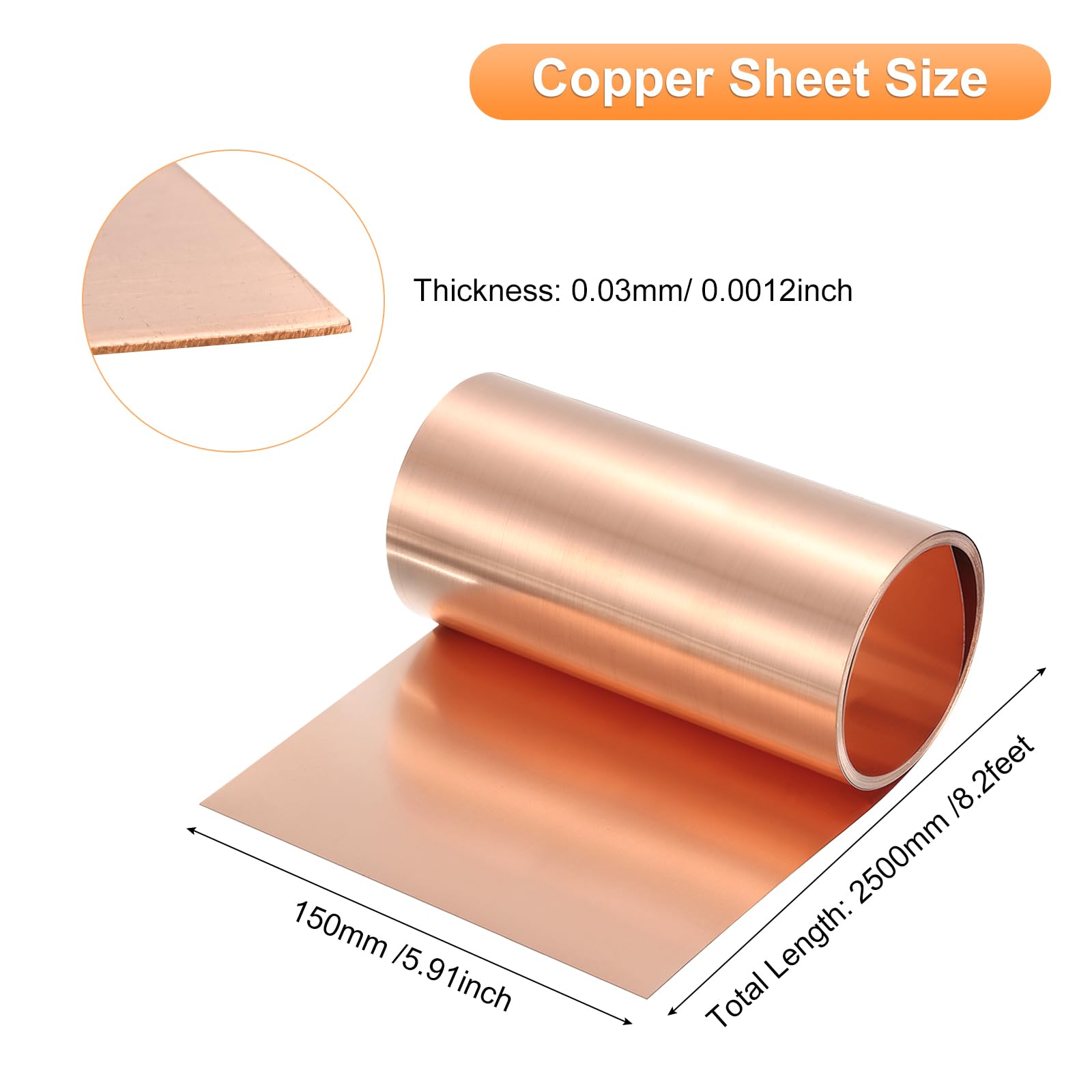 sourcing map Rouleau de feuille de cuivre 2500 mm x 150 mm x 0,03 mm, calibre 38, bande métallique clignotante en cuivre pur à 99,9 % pour projets d'électricité (plusieurs tailles)