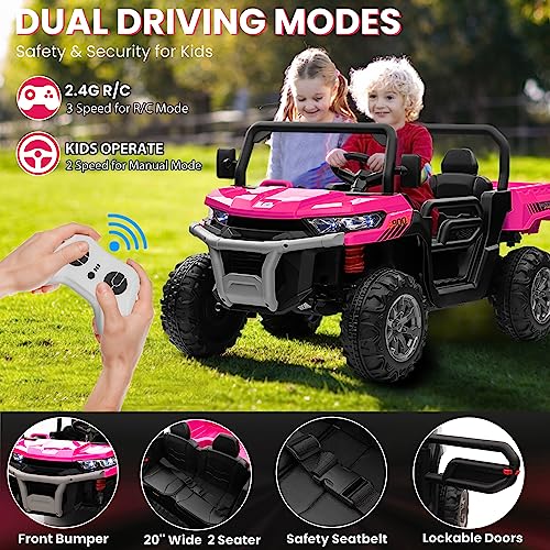 24V 4WD Ride on Truck Car w/4X200W Motor, Dump Bed, Gift Flower, 2 Seaters, Remote Control, 4 Wheeler, LED Light, Music, 24 Volt Battery Powered Ride on Toys for Big Kids Girls 3-8, Pink