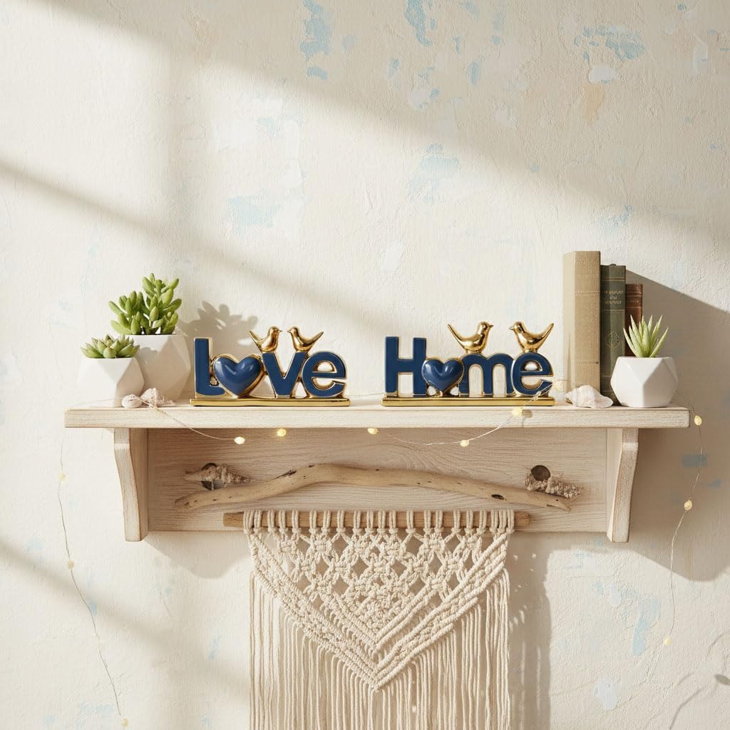 Ceramic Love & Home Sign Decor with Bird Statues Set 2,10" Modern Blue Gold Tabletop Sculptures for TV Stand,Floating Shelf & Entryway,Romantic Wedding & Warm Housewarming Gift Set (Blue)
