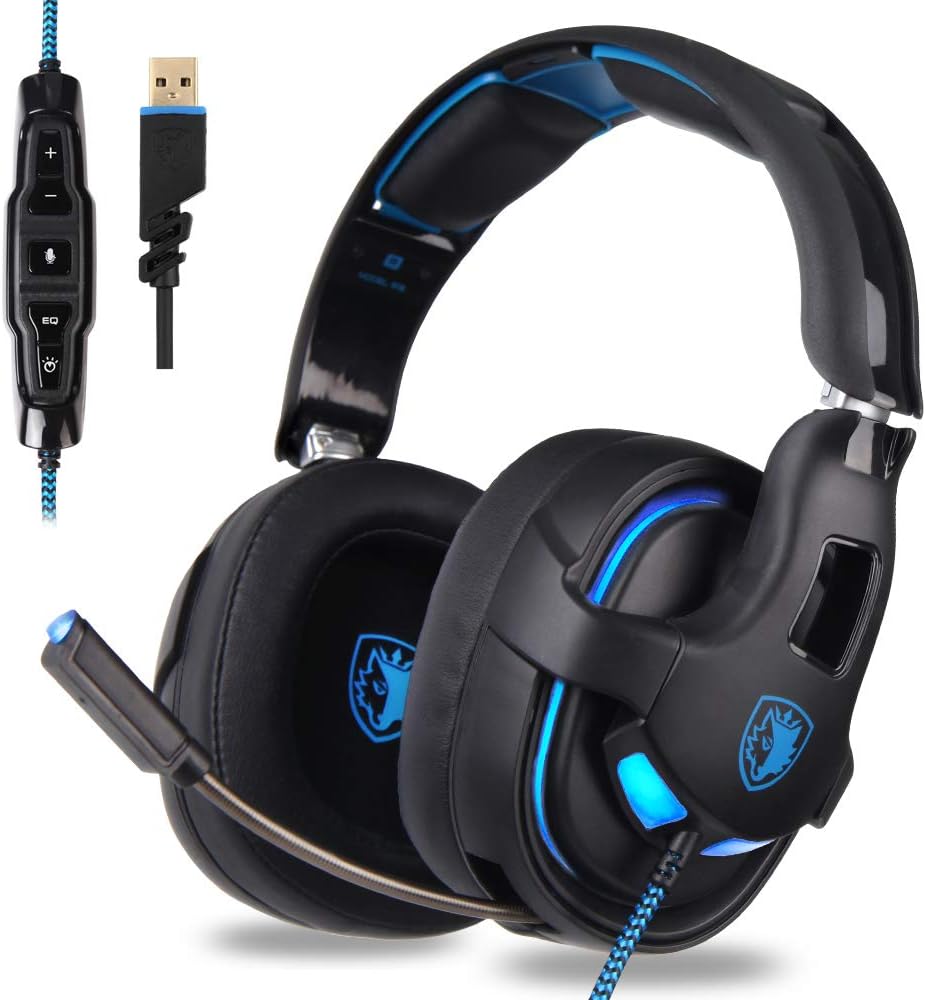SADES PC Gaming Headset, 7.1 Surround Stereo Sound R15 USB Computer Gaming Headset 53mm Drivers with Microphone,Over-The-Ear Noise Isolating,Breathing LED Light Compatible Mac, Laptop,PC Gamers, One size