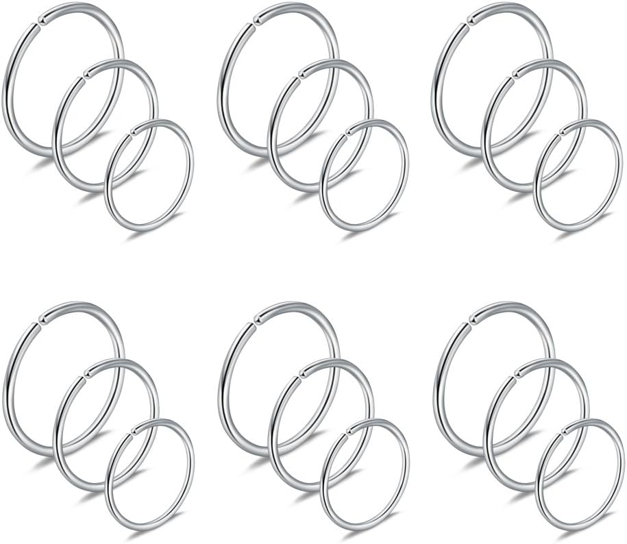 Ruifan 18PCS Mix Size Stainless Steel Clip on Fake Nose Lip Helix Cartilage Tragus Ear Hoop Ring 22G 20G 18G 6-10mm