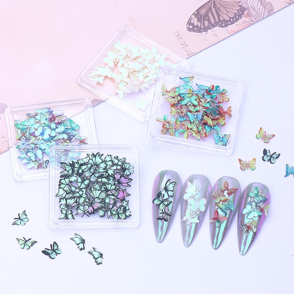 4 Boxes 3D Holographic Butterfly Nail Glitter Flakes Design Colorful Mixed Resin Butterfly Nail Charms Decorations Laser Butterflies Glitters Sequins Charms For Nails Supplies Manicure Accessories DIY