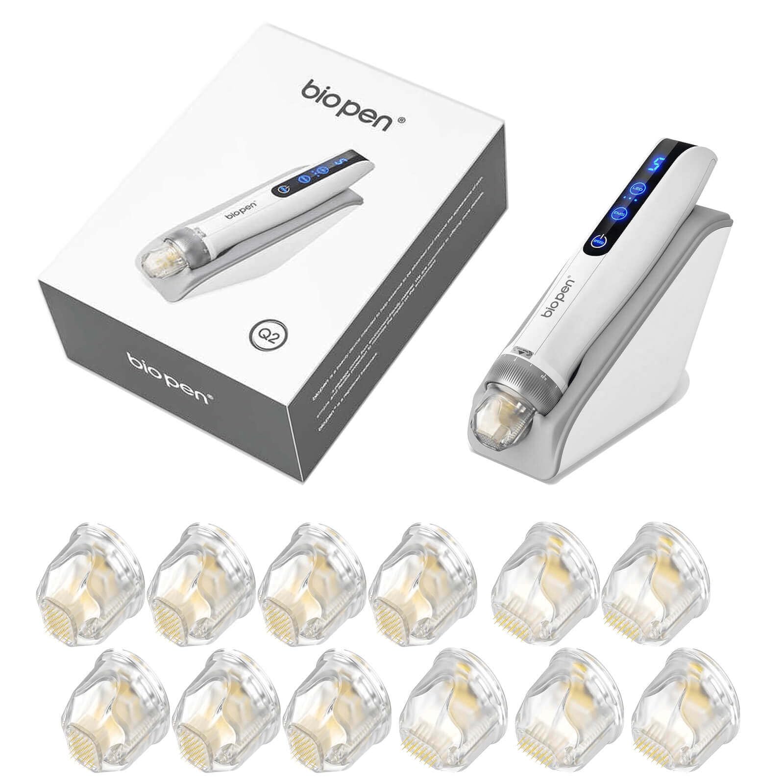 Bio Pen Q2 Beauty Pen Set mit 12 Ersatzkartuschen (5x14 Pin & 7x25 Pin), kabellos, LED Display, 5 Stufen, wiederaufladbar, kosmetisches Hautpflegegeraet fuer Gesicht Hals Koerper Zuhause Studio