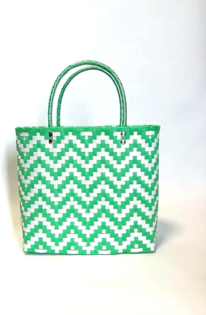 プラかごバッグ ミニサイズグリーンxホワイト ウェーブ