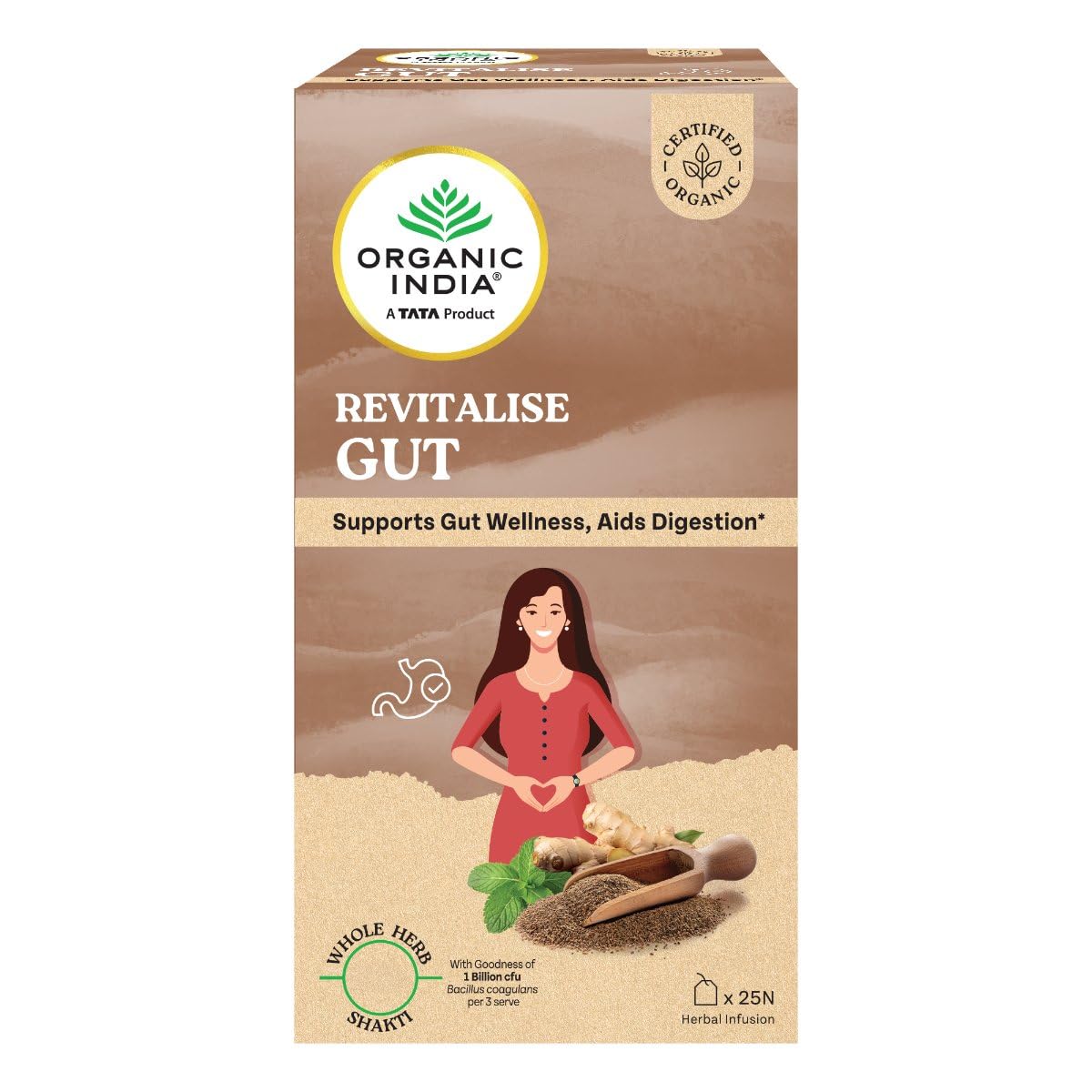 Organic India Revitalise Gut Herbal Infusion, Pack of 25 Infusion Bags, Supports Gut Wellness, Aids Digestion, With 1 Billion Probiotic CFU Bacillus Coagulans per 3 Serves, Whole Herb Blend, Certified Organic, Caffeine Free-image-15