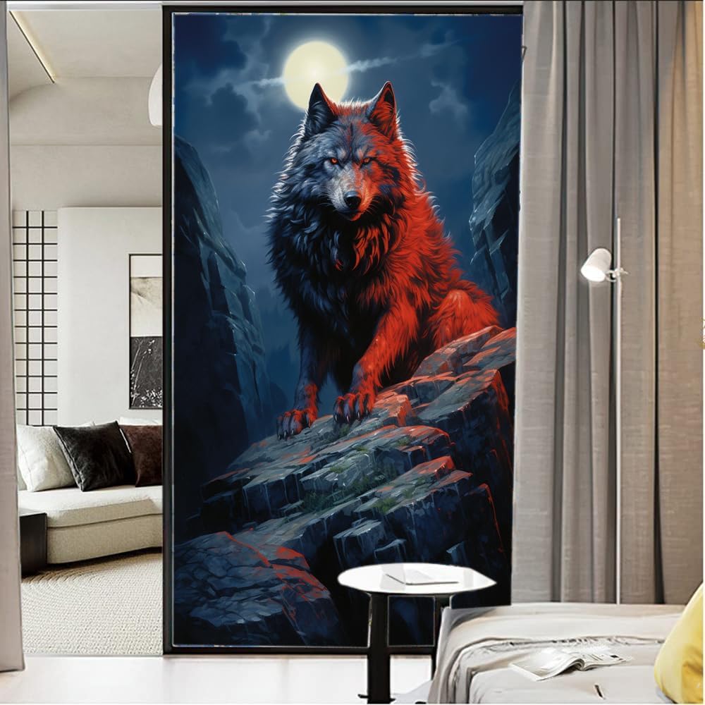 Cool Wolf Privacy Window Film Modern Animal Red Moon Stained Glass Window Coverings Adhesive Sticker Frosted Window Film for Home Office Stores 35.4Wx63L inch