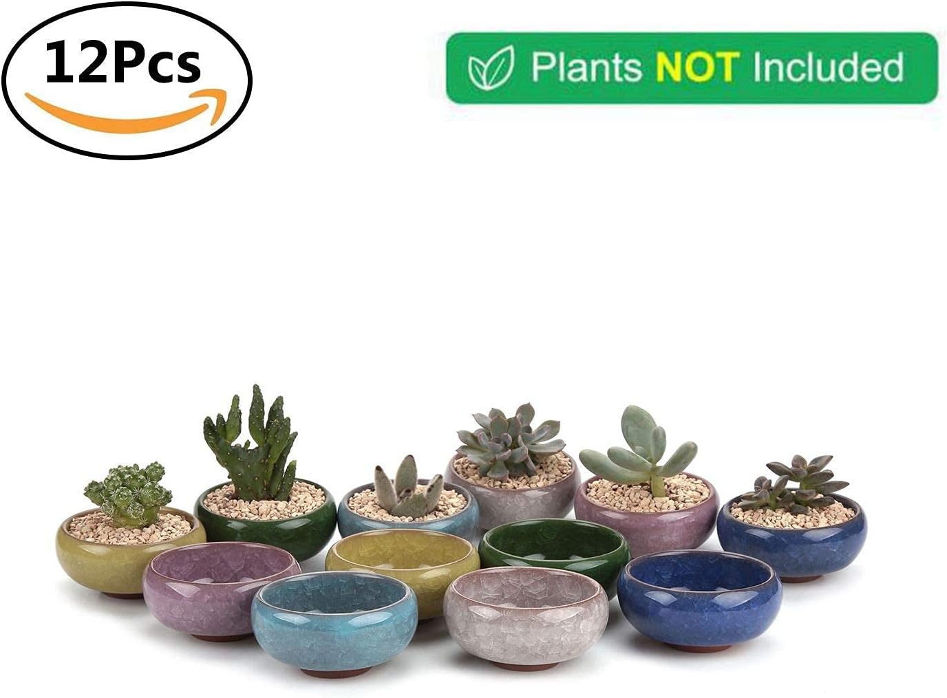 T4U 2.5 Inch Small Ceramic Succulent Planter Pot with Drainage Hole Set of 12, Tumbled Chips Stones Crushed Black Gravels 1 lb