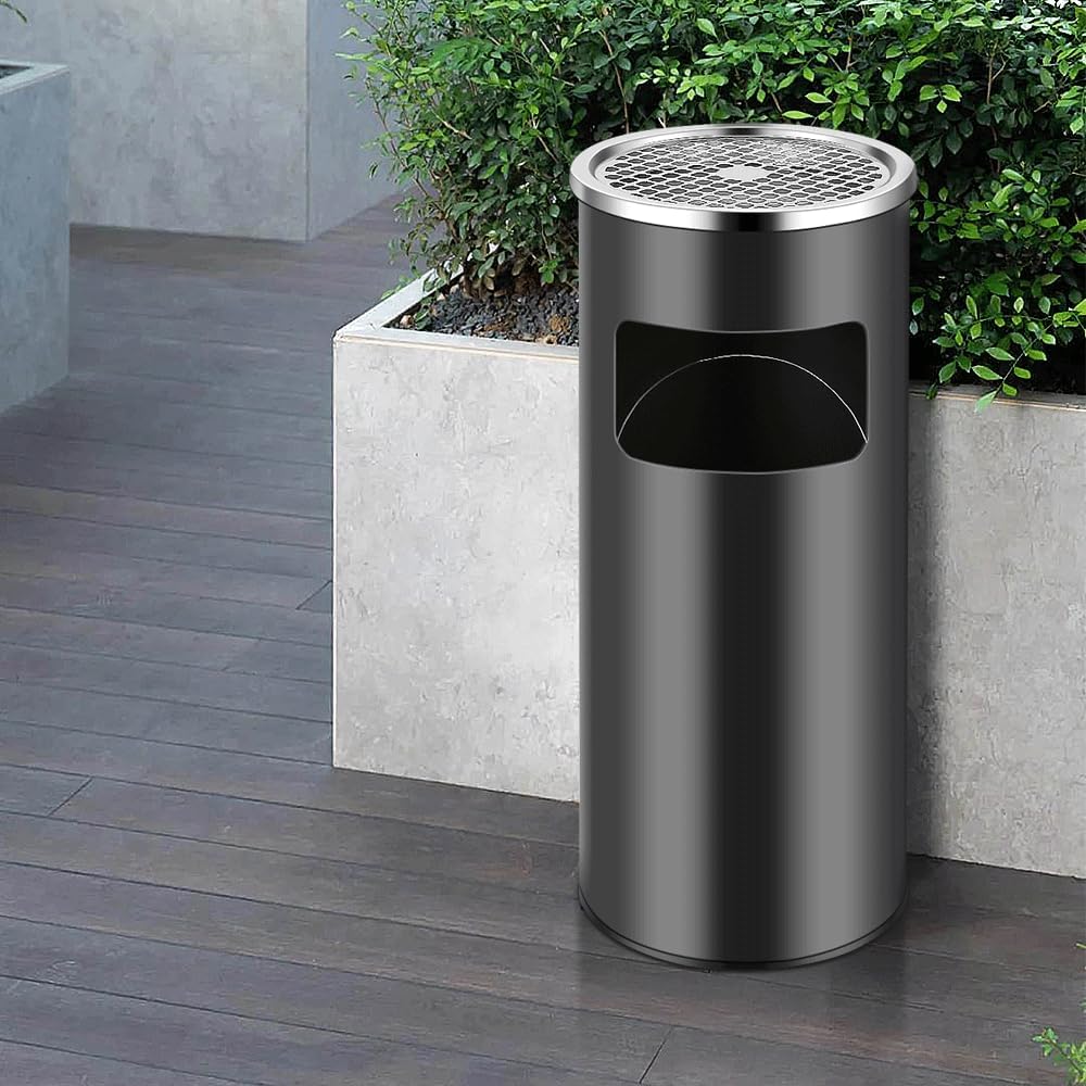 30L Round Trash Can with Removable Ashtray - Stainless Steel, Commercial Grade, Indoor/Outdoor Use, 25x25x60 cm, Black & Silver, Ideal for Restaurants, Offices & Public Spaces