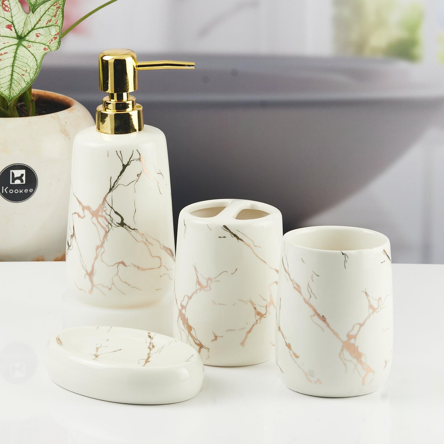 Kookee Ceramic Bathroom Set – Stylish 4 Piece Bath Accessories Kit with Soap Dispenser, Toothbrush Holder, Tumbler & Soap Dish – Modern & Designer Decor for Home & Guest Bathrooms (11138)