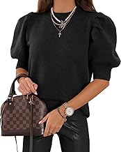 Saodimallsu Women's Puff Short Sleeve Pullover Crew Neck T-Shirt Summer Lightweight Knitted Jumper Puff Sleeves Elegant Stretch Blouse Plain Tops Basic Sweatshirt Tops