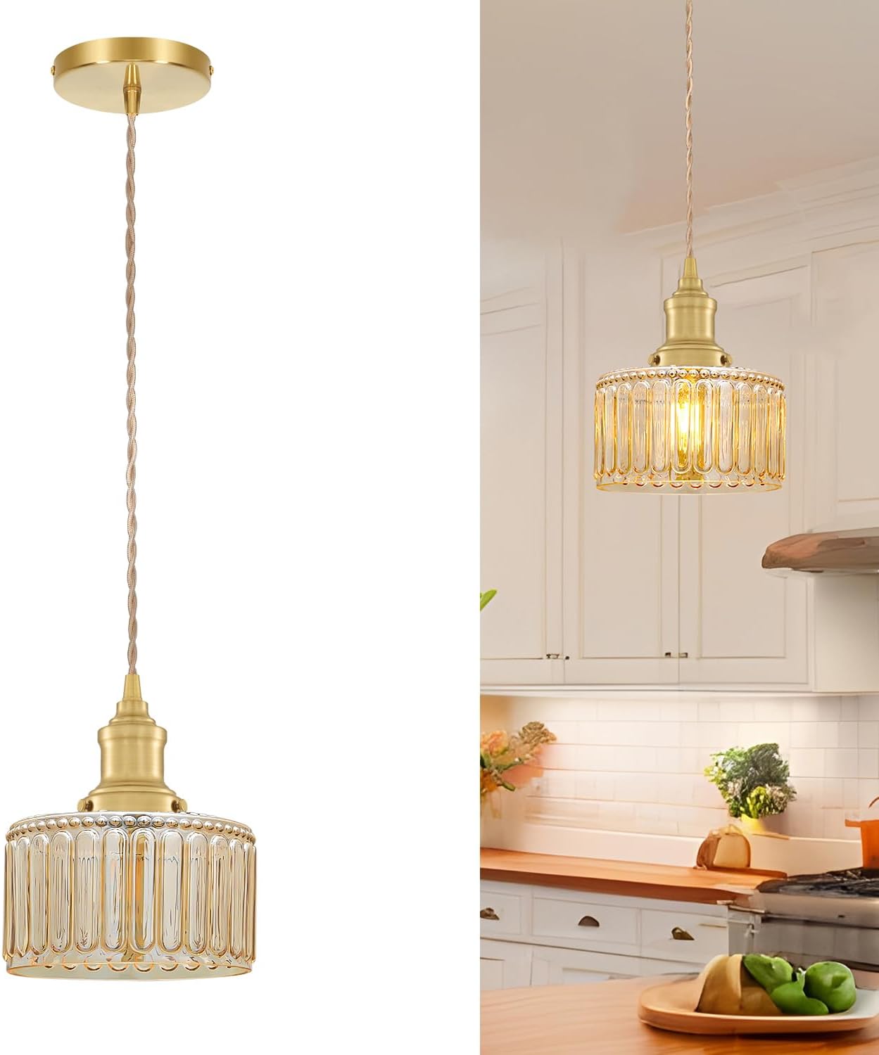Vintage Pendant Light with Amber Striped Glass Lmapshade, Gold Pendant Lights Kitchen Island, Brass Kitchen Pendant Lighting over Island, Adjustable Hanging Light for Entrance Bathroom Dining Room