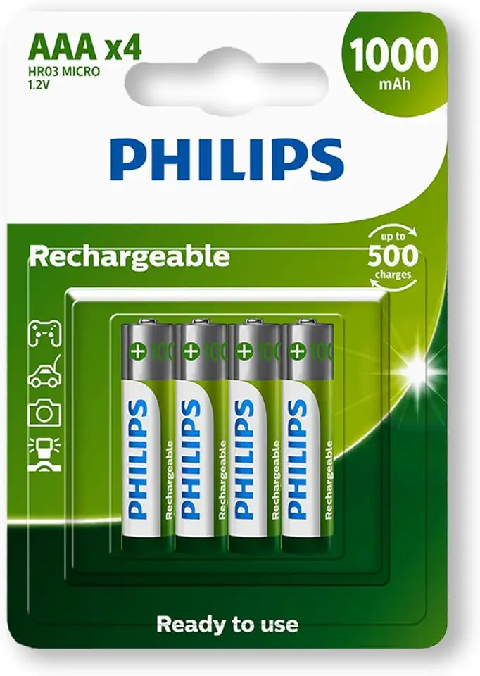 Pilha Recarregável Philips Aaa 1000mAh Palito com 4 Unidades Prontas pro Uso RTU