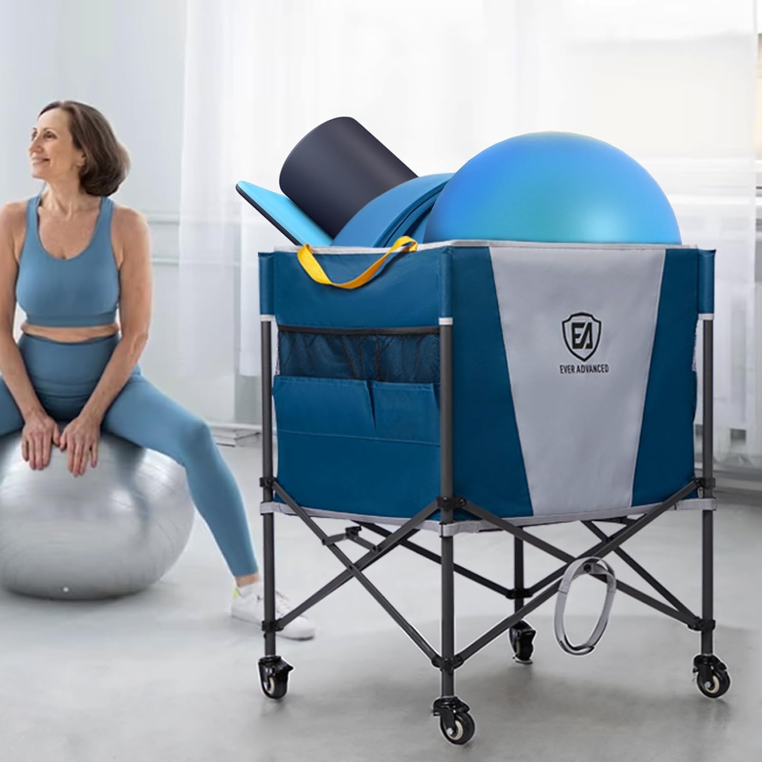 EVER ADVANCED Rolling Ballwagen faltbar mit Tragegurt Seitentasche Aufbewahrungswagen mit Rädern Sportgeräte 47x58x58cm für Volleyball Basketball Fußball Tennis Baseball