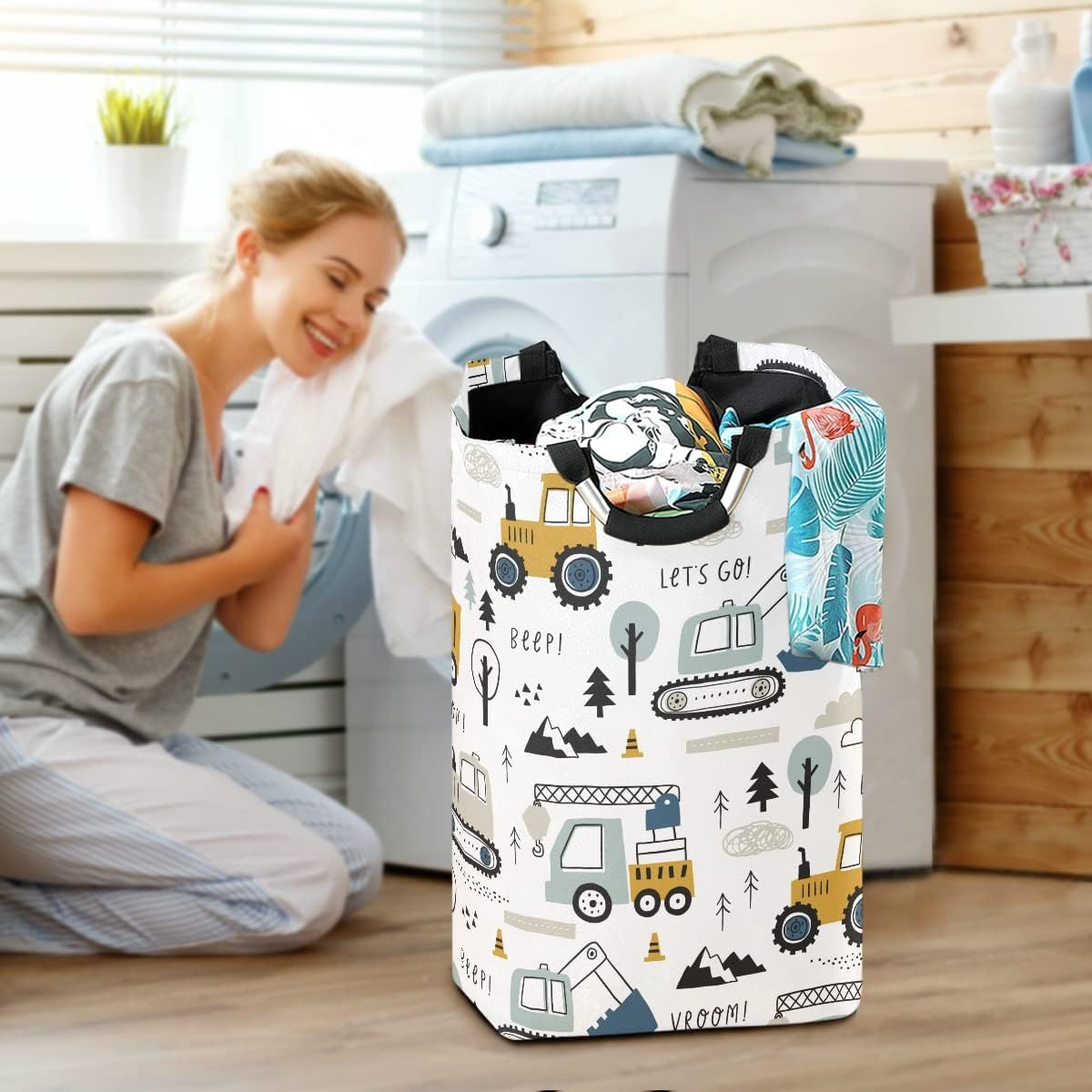 SUABO Childish Truck Excavator Laundry Basket Car Truck Laundry Hamper Portable Foldable Clothes Organizer with Handles Storage Bag for Kids Room Bathroom