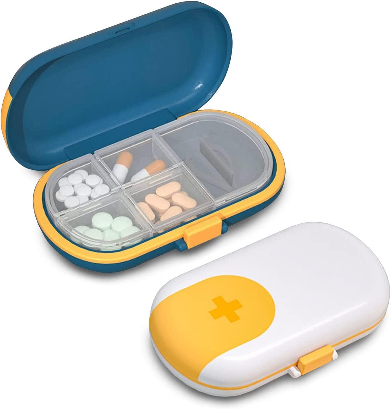 SYOSI Travel Pill Organizer, 2pcs Portable Small Weekly Pill Case Pocket Pill Box Dispenser for Vitamin Fish Oil Compartments Container Medicine Box, Travel 7 Days Large Capacity Pill Storage Box