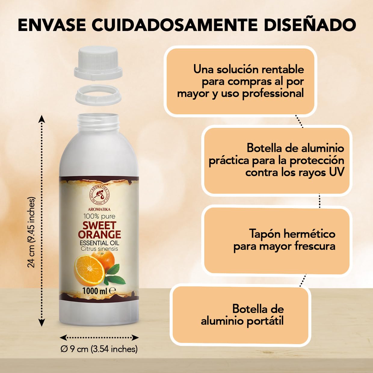 Aceite Esencial de Naranja Dulce 1000 ml - Citrus Sinensis - Natural y Puro - Aceite de Naranja para Difusores - Fragancias para el Hogar - Jabones y Velas - Sauna - Aroma Cítrico - Aromaterapia