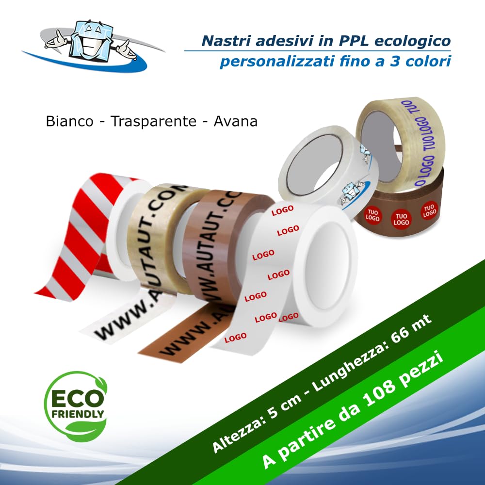 108 Rotoli Nastri Adesivi Personalizzati con Logo 66m x 5cm Ecologici in PPL Biodegradabile Nastro Imballaggio Bianco, Trasparente o Avana Stampa fino a 3 colori