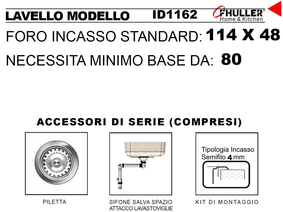 ID1162ILBC ● Lavello FHULLER Incasso Cucina IDEA 116Xx50 2 Vasche a Destra e Gocciolatoio Sinistra, Spessore Acciaio 7/10 Vasche Profonde H 18 Realizzato in Acciaio Inox Spazzolato Made in Italy