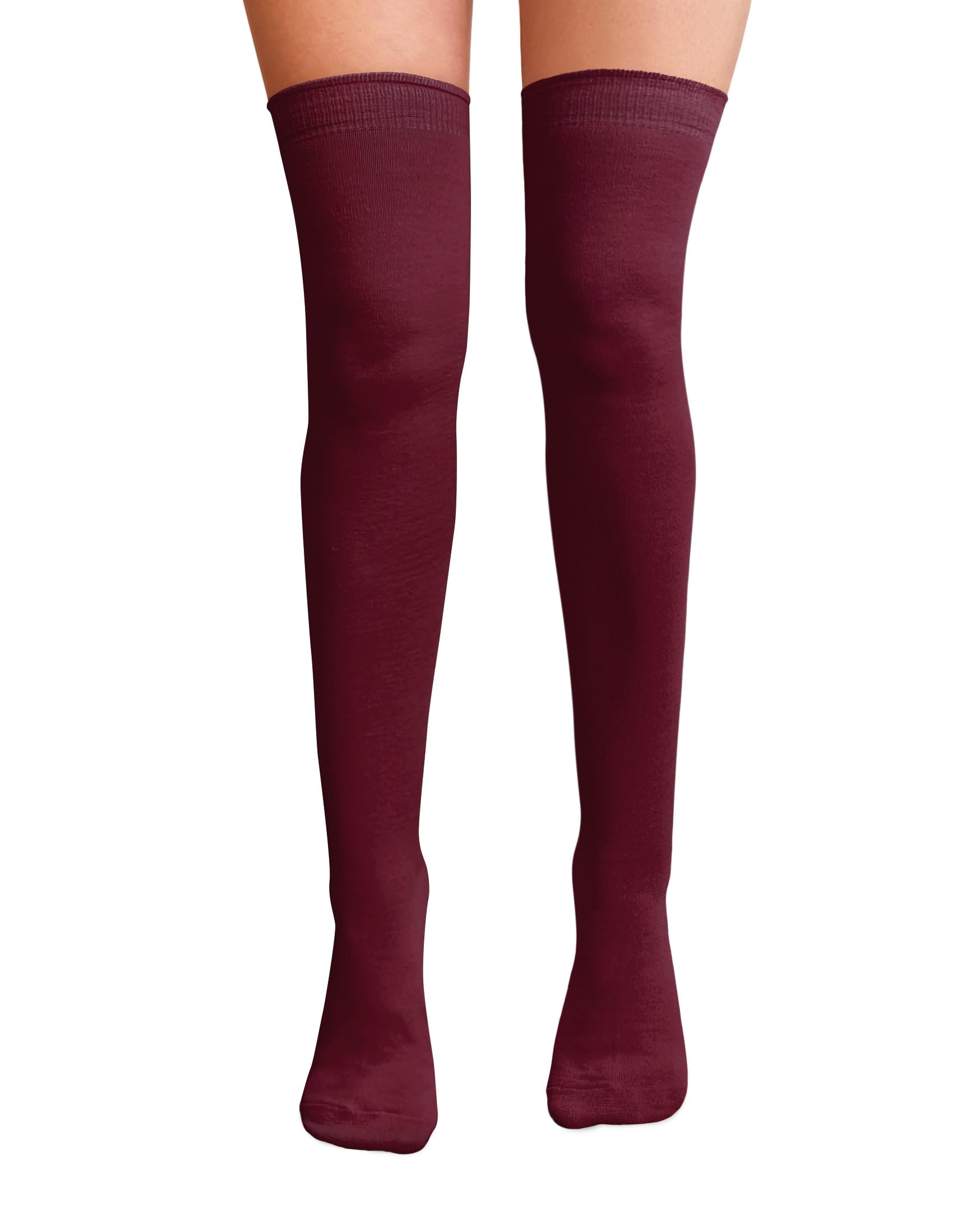 Nujake Girls Wine Over The Knee Thigh High Socks Plain Cotton Lycra Cosplay School Sox (Wine)