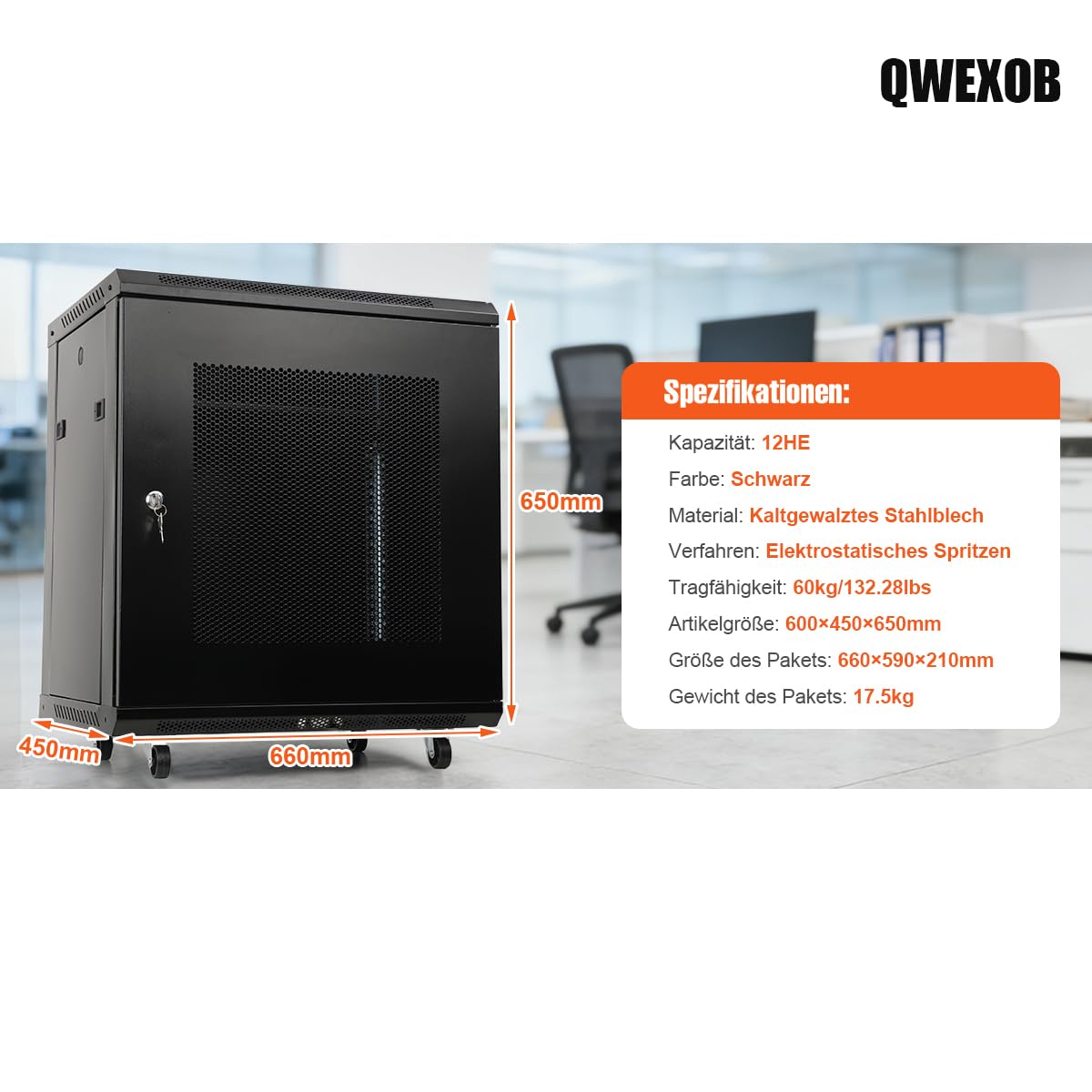 12U Netzwerk-Serverschrank Wandmontage 19 Zoll, max. 60kg | Abschließbare Seitenwände, für Server/Router/Switches/A/V.