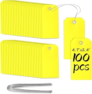 XUWAIDSGN 100 Yellow Plastic Shipping Tags with Wire, Pack of 100, 4 3/4" x 2 3/8", Durable, Waterproof, Blank, Writeable, Multi-Purpose Labels