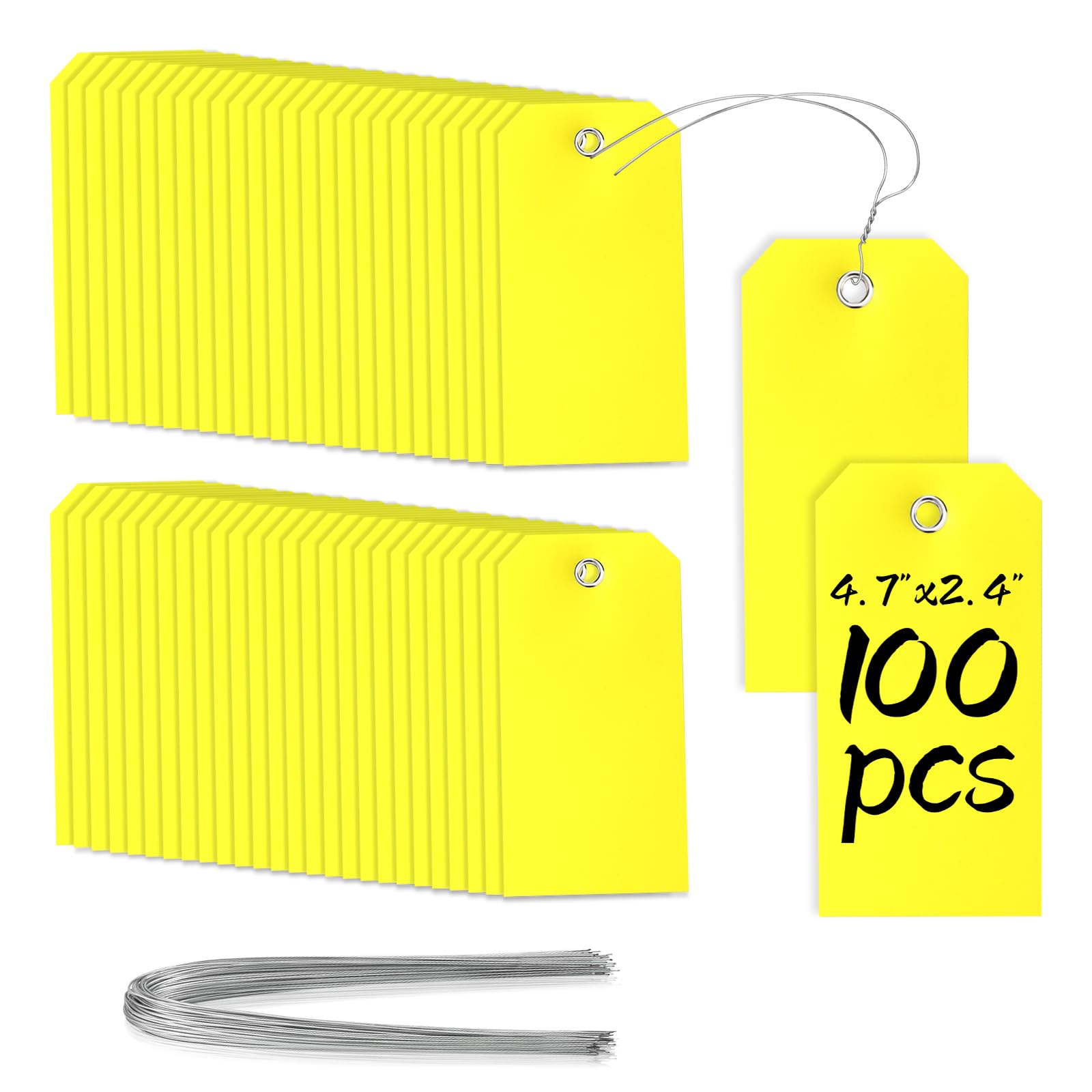 100 Yellow Plastic Shipping Tags with Wire, Pack of 100, 4 3/4" x 2 3/8", Durable, Waterproof, Blank, Writeable, Multi-Purpose Labels