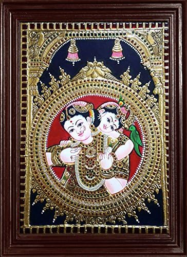 MyAngadi Yasodha and Krishna Tanjore Painting - 22 Carat Gold Foil (44x37 cm)