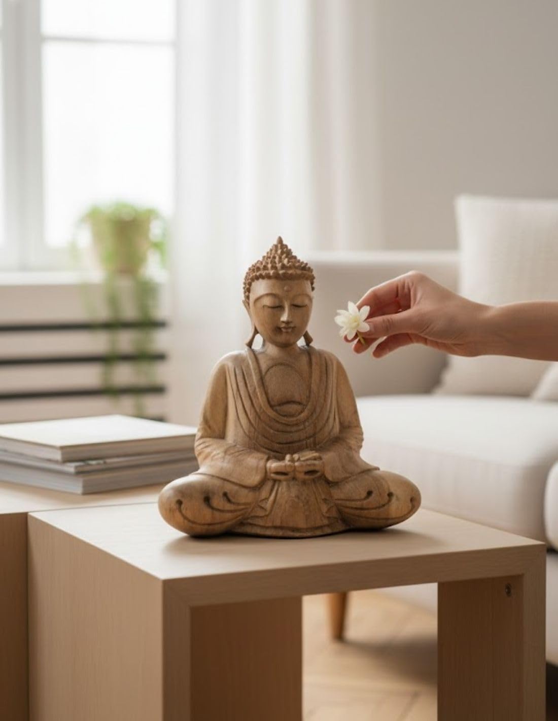 Artesanal - Figura de Buda de la meditación de madera maciza tallada a mano, 20 cm