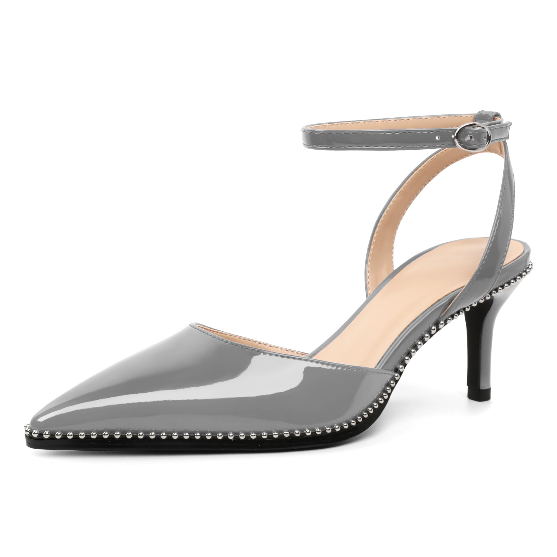 SAMMITOP Kitten Heels for Women Low Heel Closed Toe Ankle Strap Pumps Wedding Party Beaded Dress Shoes 2.4 Inch