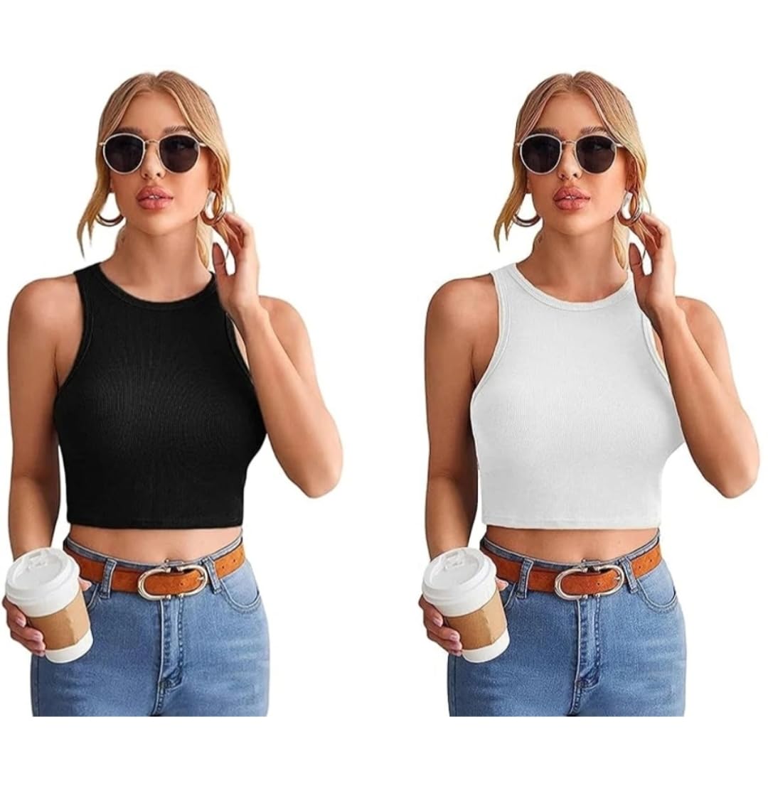 Women's Ribbed Crop Tank Top, Black and White, Sleeveless, High Neck, Casual Summer Style, 2-Pack